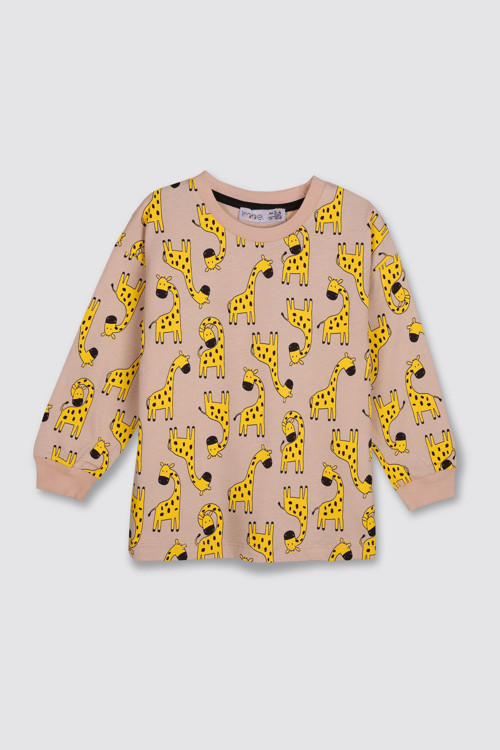 Sevimli Zürafa Desenli %100 Pamuk Unisex Çocuk Pijama Takımı