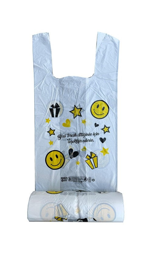 Gülen Yüz Baskılı Rulo Şeffaf Market Torba -Hışır Atlet Poşet -Büyük Boy -350 Gr.lık 1 Rulo