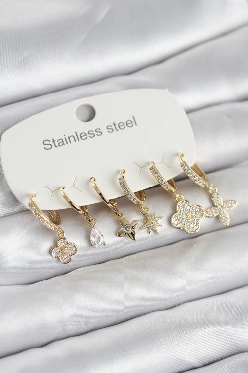 316L Çelik Gold Renk 6'lı Set Yonca Model Kadın Küpe