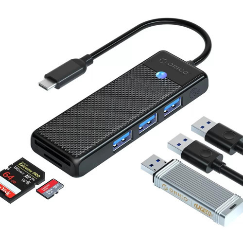 Type-C to 3.0 TF SD Kart Okuyucu 3 Portlu USB 3.0 Çoklayıcı Adaptör Siyah