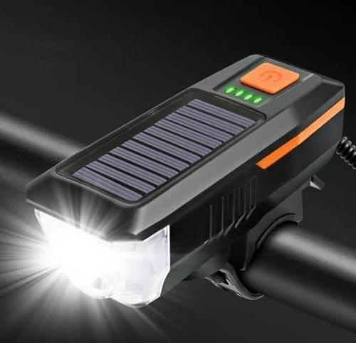 Güneş Enerjili Usb Şarjlı Bisiklet Lambası Solar Fener Ön Far Işık Aydınlatma Kornalı Turuncu