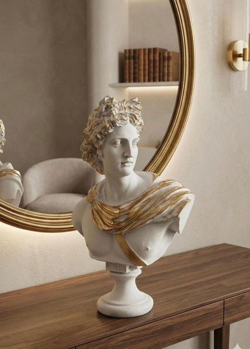 Dekoratif Apollo Büst Biblo – Antik Yunan Heykel Tarzı, Erkek Model Biblo Gold Detaylı Lüks Salon Konsol Süs Objesi ( po