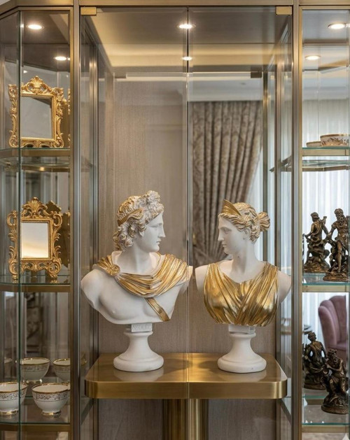 Dekoratif Apollo Diana Büst Biblo – Antik Yunan Heykel Tarzı, Biblo Gold Detaylı Lüks Salon Konsol Süs Objesi ( polyeste