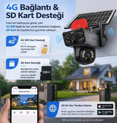 UNW-X59 2’li 4G Solar Güvenlik Kamerası (1 Sabit + 1 Hareketli) eSIM’li, 20GB İnternet Dahil, 32GB SD Kart Hediyeli, 9MP, Renkli Gece Görüşlü