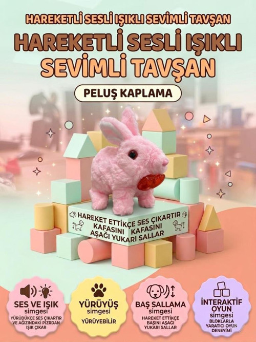 Kalp Detaylı Sevimli Arkadaşım Tavşan: Sesli Yürüyen Hareketli Eğitici Oyuncak Peluş PEMBE