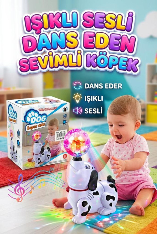 Işıklı Sesli Müzikli Dans Eden Hareket Eden 360 Derece Dönebilen Top Çeviren Sevimli Oyuncak Köpek