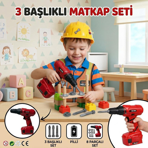 Pille Çalışan 3 Farklı Uçlu 2 Vida 2 Somonlu Tamirci Temalı Matkap Oyuncak İş Aleti