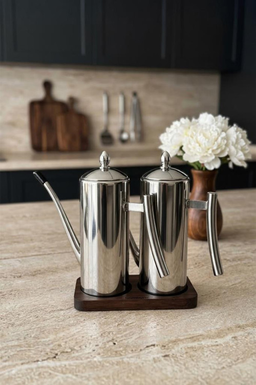 2'Li Çelik 3 Parça 700ml Standlı Çok Amaçlı Demlik Yağlık Yağdanlık Seti