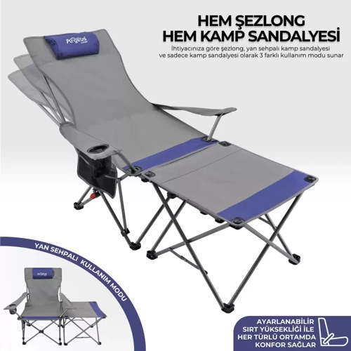 Sırt Ayarlı Katlanabilir Kamp Sandalyesi - 4 Kademeli - Lounge - Gri/Mavi - Katlanır Şezlong