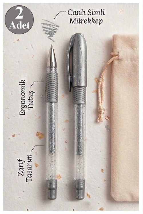 Gümüş Gri Simli Jel Kalem 1.0mm 2 Adet Akıcı Yazım Pensan Simli Jel Kalem Tükenmez Simli Kalem Simli Pilot Kalem Canlı