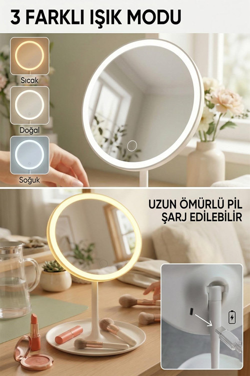 Ledli Yuvarlak Ayna Işıklı Mini Makyaj Aynası 3 Farklı Işık Modu 18 CM Beyaz