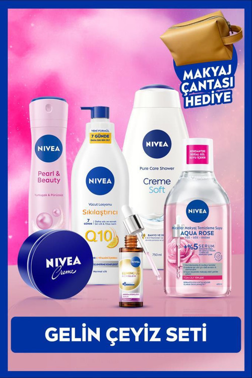 Gelin Çeyiz Seti,Kadın Deodorant, Duş Jeli, Makyaj Temizleme Suyu, Serum, Losyon, Krem,Çanta Hediye