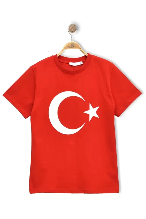 TÜRK BAYRAK BASKILI AY YILDIZLI KIRMIZI ÇOCUK TİŞÖRT %100 Pamuk (Bir Beden Büyük Önerilir )