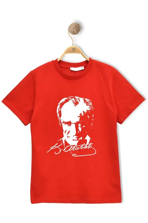 ATATÜRK BASKILI ÇOCUK TİŞÖRT KIRMIZI %100 Pamuk (Bir Beden Büyük Önerilir )
