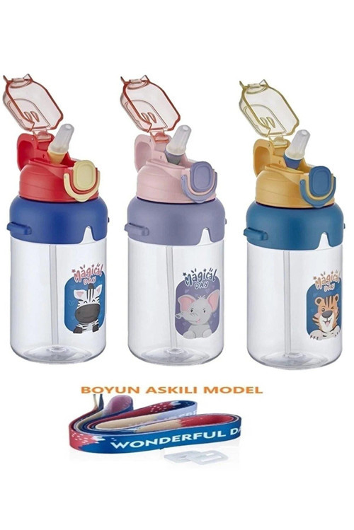 Boyun Askılı Kalın Pipetli Kilitli Kapak 650 ML Suluk (Karışık Renk 1 Adet)