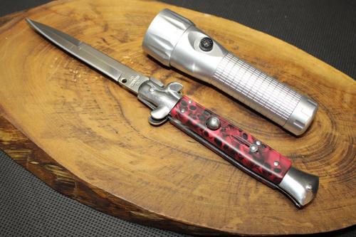 24.5 cm İtalyan Kırmızı Stiletto Çakı Led Fener Hediyeli