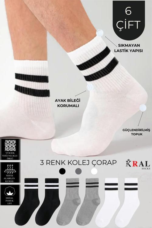 Erkek Kadın (6 ÇİFT) Çizgili Kolej Tenis Çorabı Pamuklu Terletmez Çorap