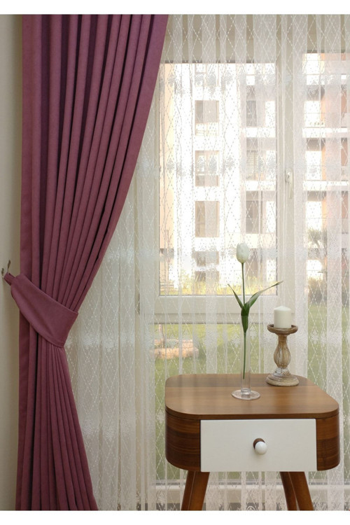 Taç Gül Kurusu Düz Renk 1/2 Seyrek Pileli Soft Fon Perde, Seyrek Pile, Tek Kanat