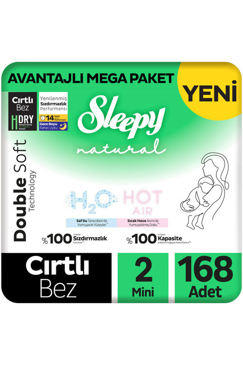 Natural Double Soft Avantajlı Mega Paket Bebek Bezi 2 Numara Mini 168 Adet