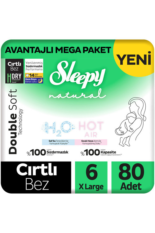 Natural Double Soft Avantajlı Mega Paket Bebek Bezi 6 Numara Xlarge 80 Adet