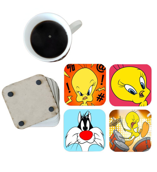 Tweety ve sylvester ahşap bardak altlığı seti