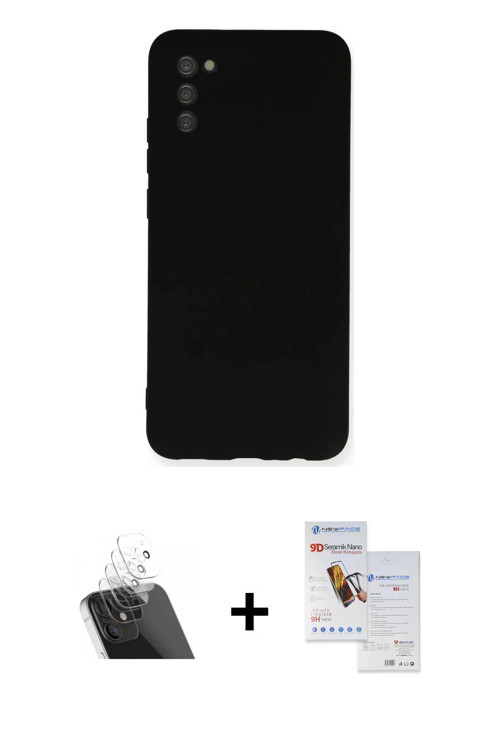 ieg™ Galaxy A03S Kılıf Ahenk Serisi - Siyah Seramik Nano Ekran Koruyucu + Şeffaf Kamera Lens Koruma