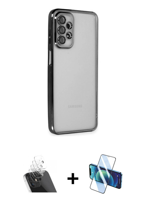 ieg™ Galaxy A23 4G Kılıf Vadi Minimal - Siyah 3D Antistatik Cam Ekran Koruyucu + Şeffaf Kamera Lens