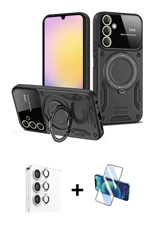 ieg™ Galaxy A16 5G Kılıf Kıvılcım Modern Serisi - Siyah 3D Antistatik Cam Ekran Koruyucu + Gümüş Raz