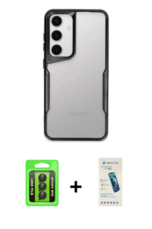 ieg™ Galaxy A35 5G Kılıf Akış Çizgi Koleksiyonu - Şeffaf Pasifik Cam Ekran Koruyucu + Siyah Raze Met