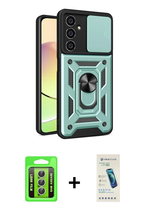 ieg™ Galaxy A35 5G Kılıf Ahenk Klasik - Şeffaf Pasifik Cam Ekran Koruyucu + Gümüş Raze Metal Kamera