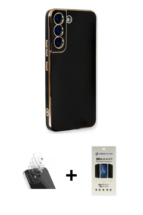 ieg™ Galaxy S22 Plus Kılıf Yankı Serisi - Siyah 5D Hayalet Cam Ekran Koruyucu + Şeffaf Kamera Lens K