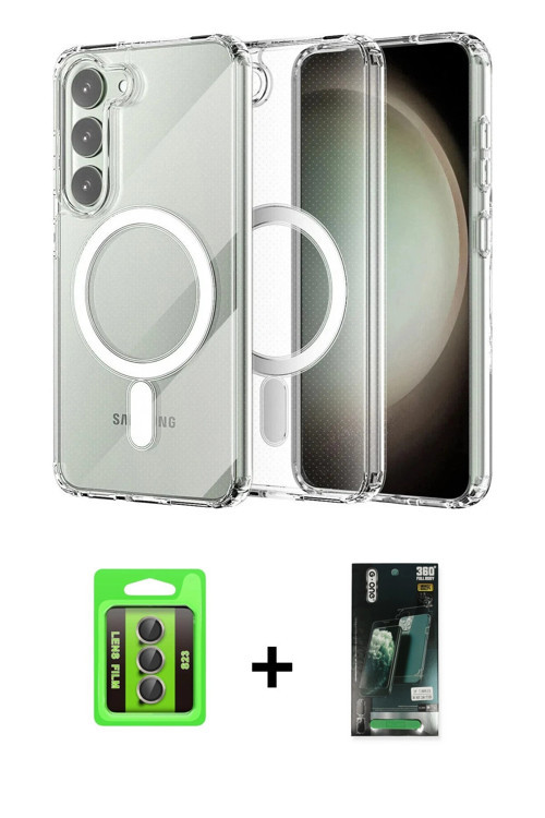 ieg™ Galaxy S23 Kılıf Ahenk Yansıma Prime - Şeffaf 360 Full Body Arka Koruyucu + Gri Raze Metal Kame