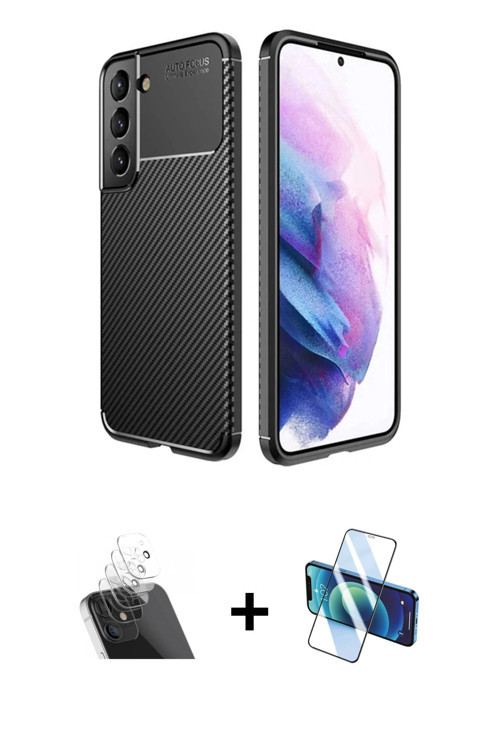 ieg™ Galaxy S22 Plus Kılıf Eksen Form Prime - Siyah 3D Antistatik Cam Ekran Koruyucu + Şeffaf Kamera