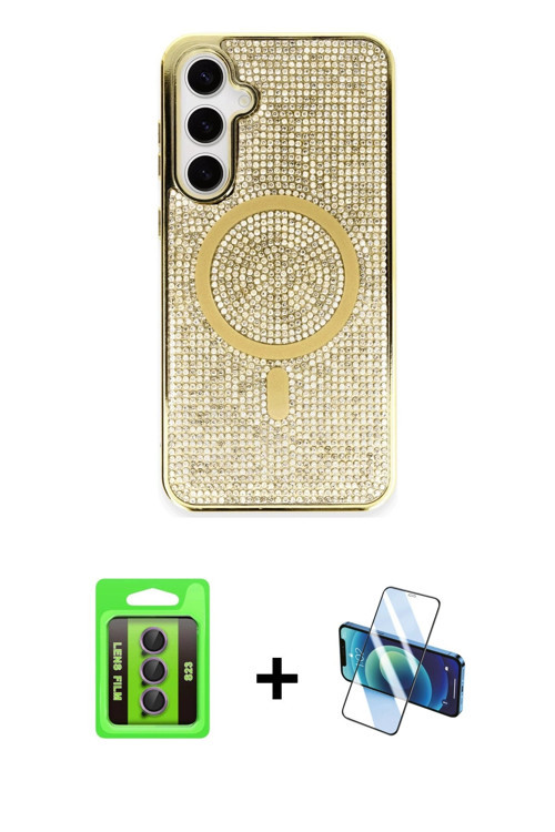 ieg™ Galaxy S23 Kılıf Eksen Çizgi - Siyah 3D Antistatik Cam Ekran Koruyucu + Mor Raze Metal Kamera L
