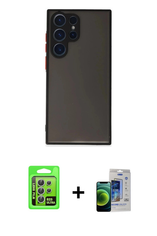 ieg™ Galaxy S23 Ultra Kılıf Ahenk Çizgi Serisi - Siyah Durable Full Glue Curved Cam + Gümüş Raze Met