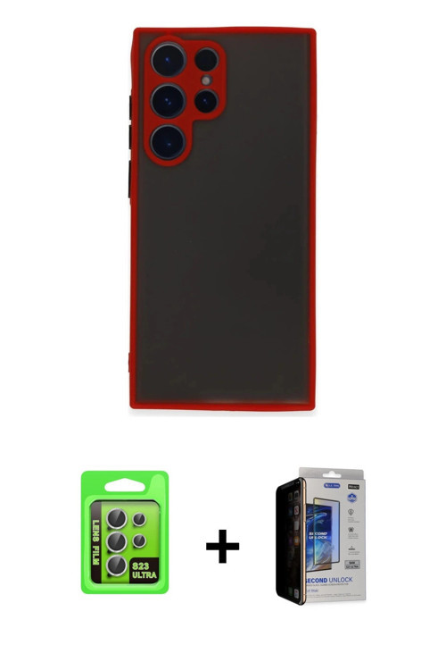 ieg™ Galaxy S23 Ultra Kılıf Ahenk Çizgi Serisi - Siyah Durable Full Glue Curved Hayalet Cam + Gümüş