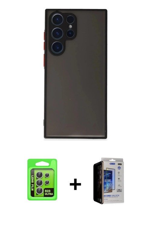 ieg™ Galaxy S23 Ultra Kılıf Ahenk Çizgi Serisi - Siyah Durable Full Glue Curved Hayalet Cam + Gümüş