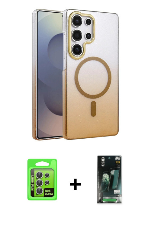 ieg™ Galaxy S23 Ultra Kılıf Ahenk Doku Özel Seri - Siyah 360 Mat Full Body Arka Koruyucu + Gümüş Raz