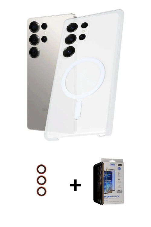 ieg™ Galaxy S23 Ultra Kılıf Kutup Minimal - Siyah Durable Full Glue Curved Hayalet Cam + Kırmızı Met