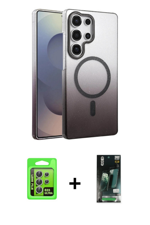 ieg™ Galaxy S23 Ultra Kılıf Ahenk Doku Özel Seri - Siyah 360 Mat Full Body Arka Koruyucu + Gümüş Raz