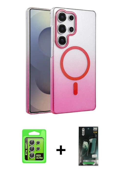 ieg™ Galaxy S23 Ultra Kılıf Ahenk Doku Özel Seri - Siyah 360 Mat Full Body Arka Koruyucu + Gümüş Raz
