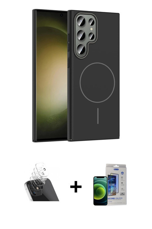 ieg™ Galaxy S23 Ultra Kılıf Siluet Doku Özel Seri - Siyah Durable Full Glue Curved Cam + Şeffaf Kame