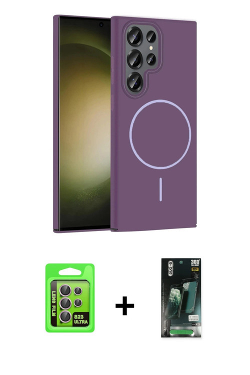 ieg™ Galaxy S23 Ultra Kılıf Siluet Doku Özel Seri - Şeffaf 360 Full Body Arka Koruyucu + Lila Raze M