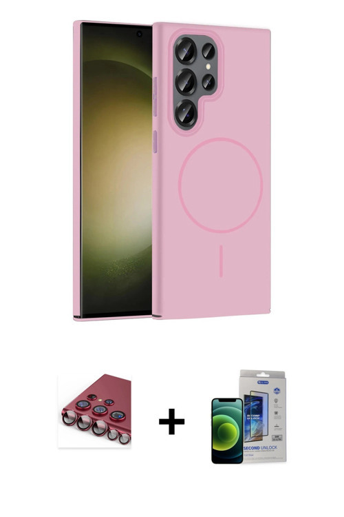 ieg™ Galaxy S23 Ultra Kılıf Siluet Doku Özel Seri - Siyah Durable Full Glue Curved Cam + Kırmızı Val