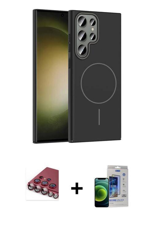 ieg™ Galaxy S23 Ultra Kılıf Siluet Doku Özel Seri - Siyah Durable Full Glue Curved Cam + Kırmızı Val