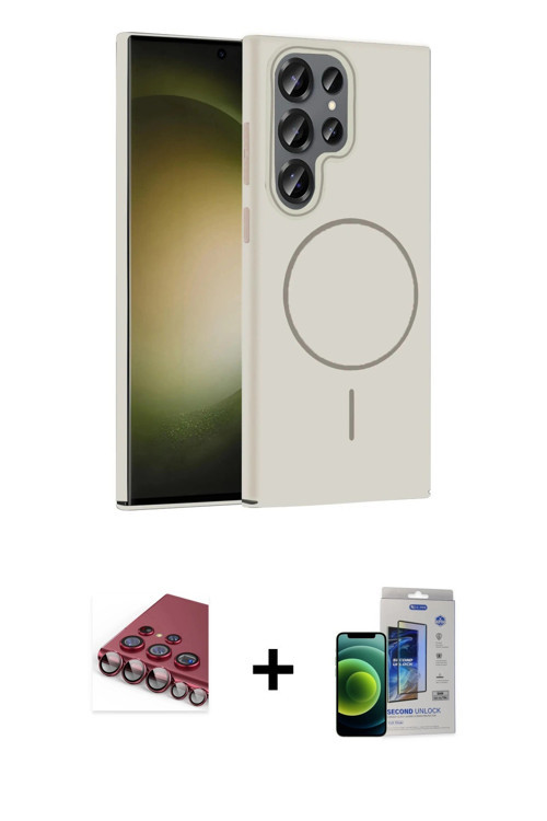 ieg™ Galaxy S23 Ultra Kılıf Siluet Doku Özel Seri - Siyah Durable Full Glue Curved Cam + Kırmızı Val