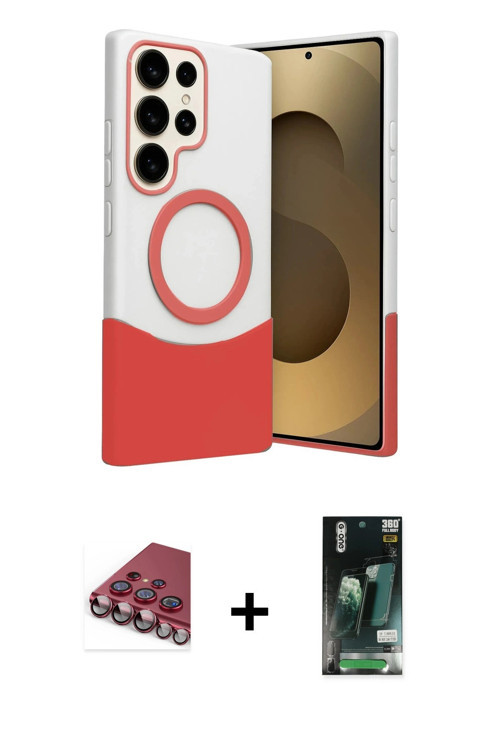 ieg™ Galaxy S23 Ultra Kılıf Kozmos Form Özel Seri - Siyah 360 Mat Full Body Arka Koruyucu + Kırmızı
