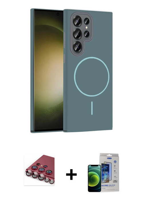 ieg™ Galaxy S23 Ultra Kılıf Siluet Doku Özel Seri - Siyah Durable Full Glue Curved Cam + Kırmızı Val
