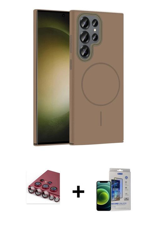ieg™ Galaxy S23 Ultra Kılıf Siluet Doku Özel Seri - Siyah Durable Full Glue Curved Cam + Kırmızı Val