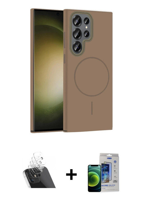 ieg™ Galaxy S23 Ultra Kılıf Siluet Doku Özel Seri - Siyah Durable Full Glue Curved Cam + Şeffaf Kame